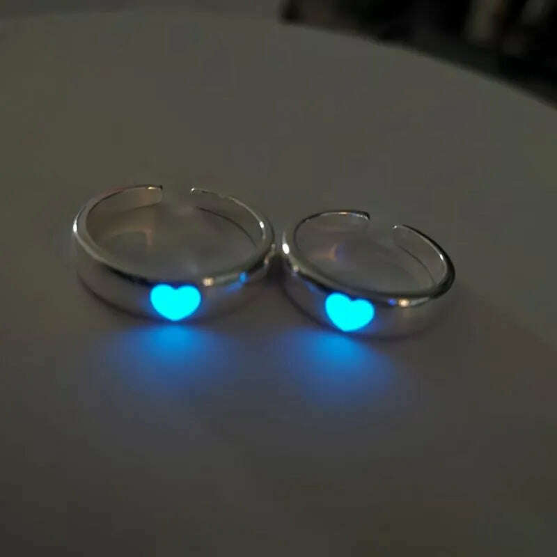 KIMLUD, Couples Rings Luminous Love Heart Adjustable Finger Ring Glow In Dark Fashion Silver Color Pink Blue Light Jewelry Lover Gift, KIMLUD Womens Clothes
