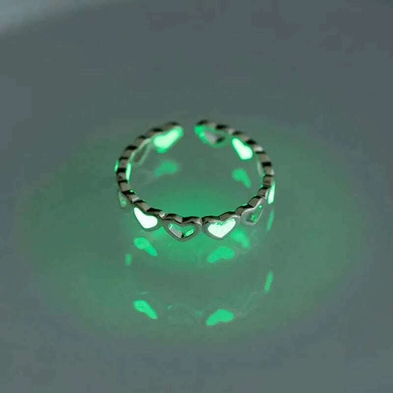 KIMLUD, Couples Rings Luminous Love Heart Adjustable Finger Ring Glow In Dark Fashion Silver Color Pink Blue Light Jewelry Lover Gift, Green, KIMLUD Women's Clothes