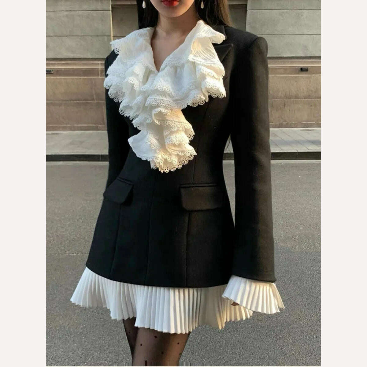 KIMLUD, Court style ruffled hem shirt + two suits lapel dress ruffled hem detachable skirt, KIMLUD Womens Clothes