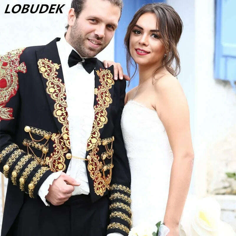 KIMLUD, Court Tuxedo Magic Costume Black Red Blue Embroidery Long Tailcoat Blazers Bar Singer Host Stage Outfit Wedding Groom Dresses, KIMLUD Womens Clothes