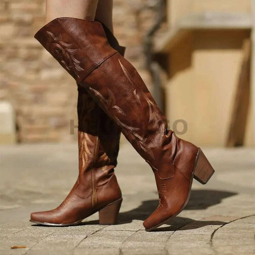 KIMLUD, Cowboy Boots For Women 2023 Fashion Brown Boots Knee High Heels Embroider Sexy Warm Winter Zip Femme Handmade Shoes Size 43, KIMLUD Womens Clothes