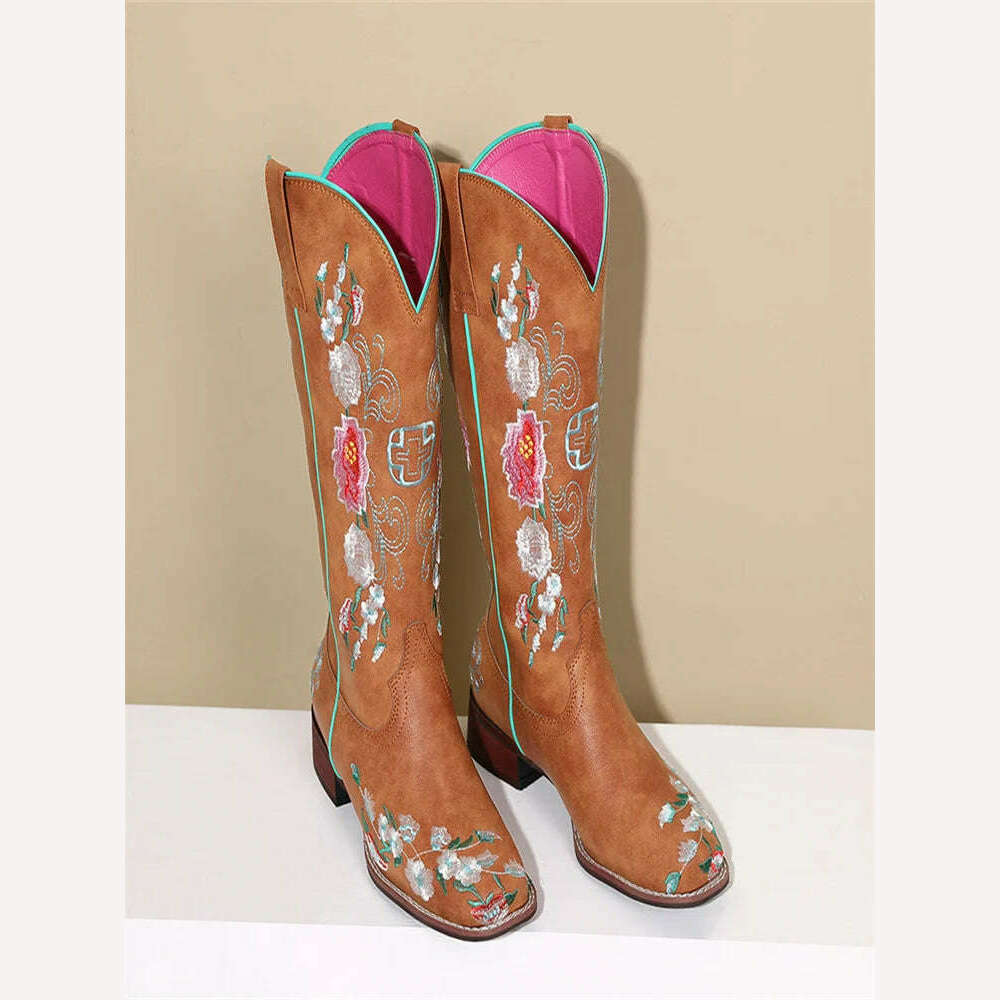 KIMLUD, Cowboy Boots For Women 2023 Fashion Brown Boots Knee High Heels Embroider Sexy Warm Winter Zip Femme Handmade Shoes Size 43, Brown1 / 4 / China, KIMLUD APPAREL - Womens Clothes