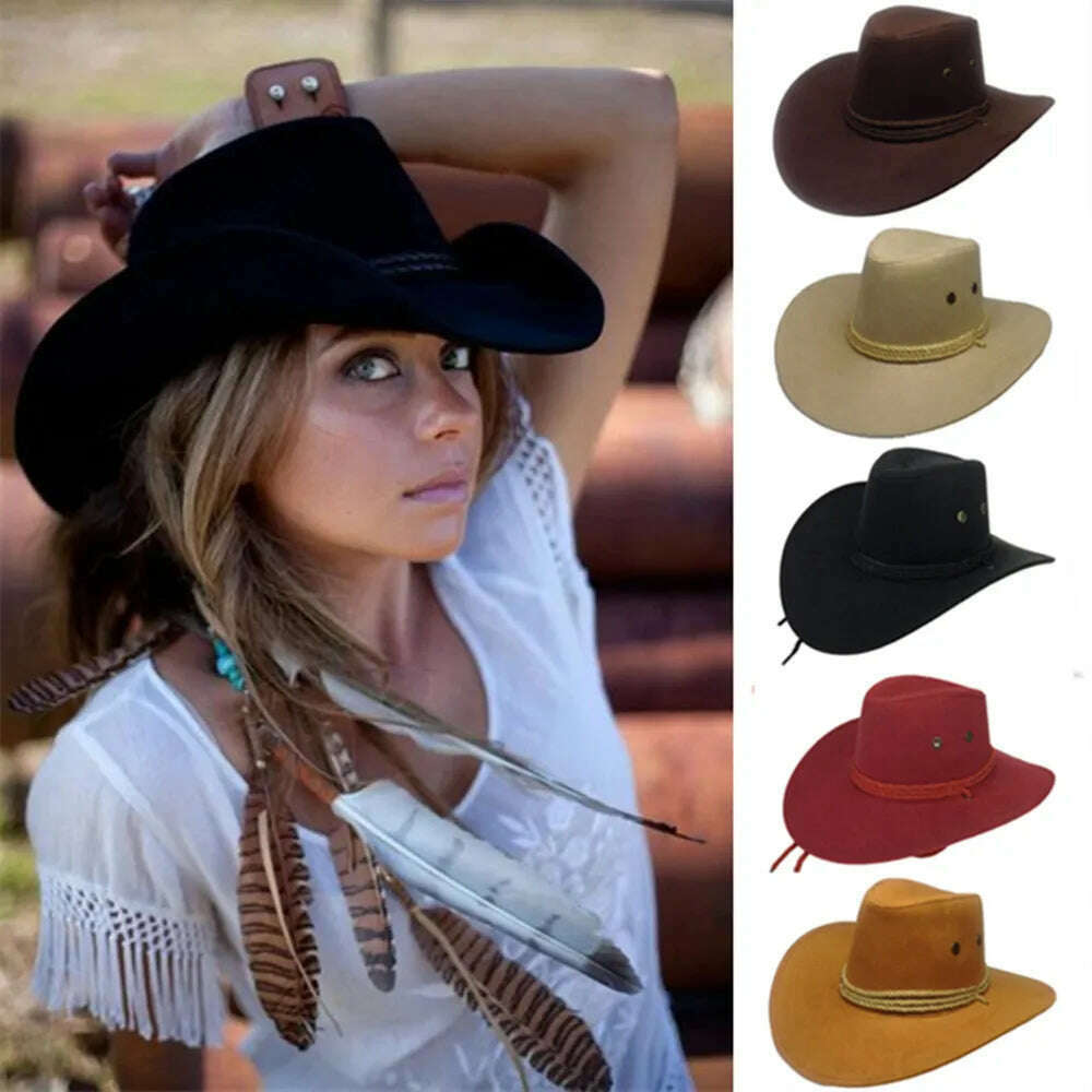 Cowboy Hat Caps for Men Country Women's Hat Faux Leather Sunhat Wild Brim Panama Hat Visor Hats Sombrero De Vaquero Occidental - KIMLUD