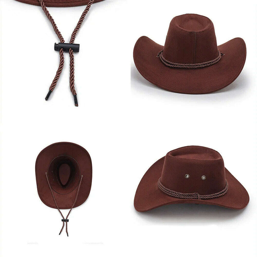 Cowboy Hat Caps for Men Country Women's Hat Faux Leather Sunhat Wild Brim Panama Hat Visor Hats Sombrero De Vaquero Occidental - KIMLUD