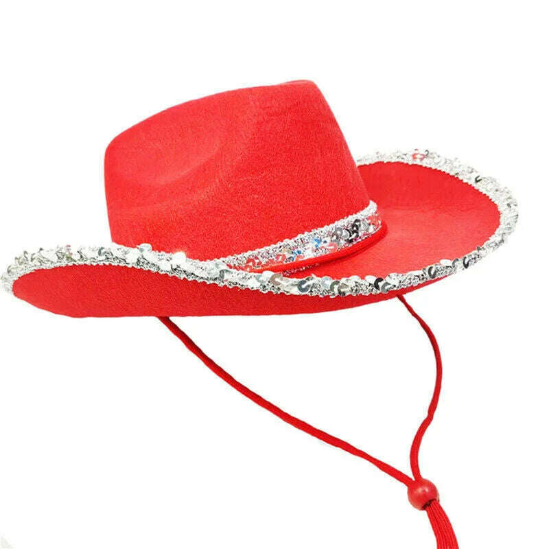 KIMLUD, Cowboy Hat Caps for Men Country Women's Hat Faux Leather Sunhat Wild Brim Panama Hat Visor Hats Sombrero De Vaquero Occidental, Red with sequins / China, KIMLUD Women's Clothes