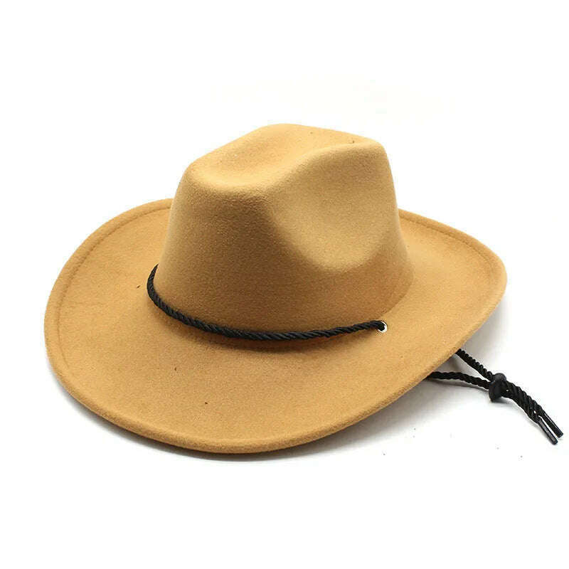 KIMLUD, Cowboy Hats For Women And Men Cowgirl Caps Cotton Polyester 57-58cm Strap Windproof Rope Design Western Horse Riding Accessories, Champagne / 57-58cm, KIMLUD APPAREL - Womens Clothes