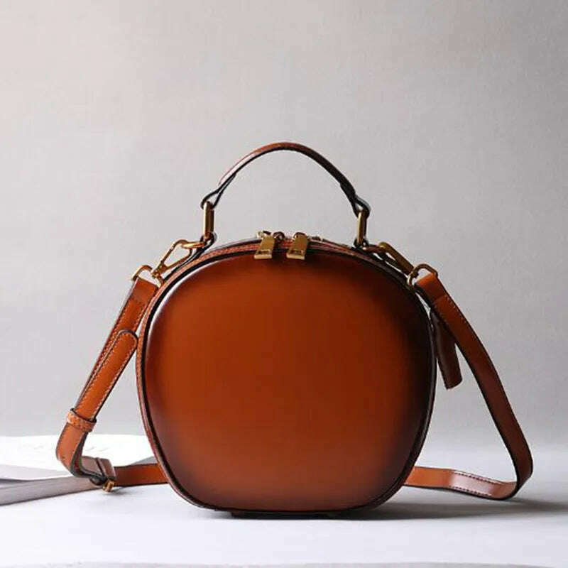 Cowhide bag 2023 new leather female retro apple bag single shoulder crossbody portable fashion small round bags - KIMLUD