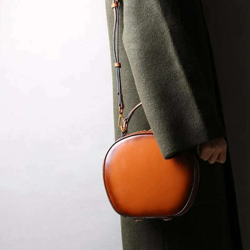 Cowhide bag 2023 new leather female retro apple bag single shoulder crossbody portable fashion small round bags - KIMLUD