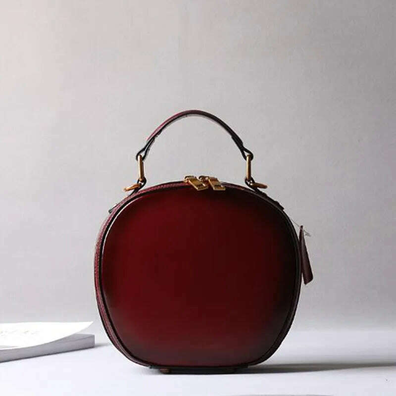 Cowhide bag 2023 new leather female retro apple bag single shoulder crossbody portable fashion small round bags - KIMLUD