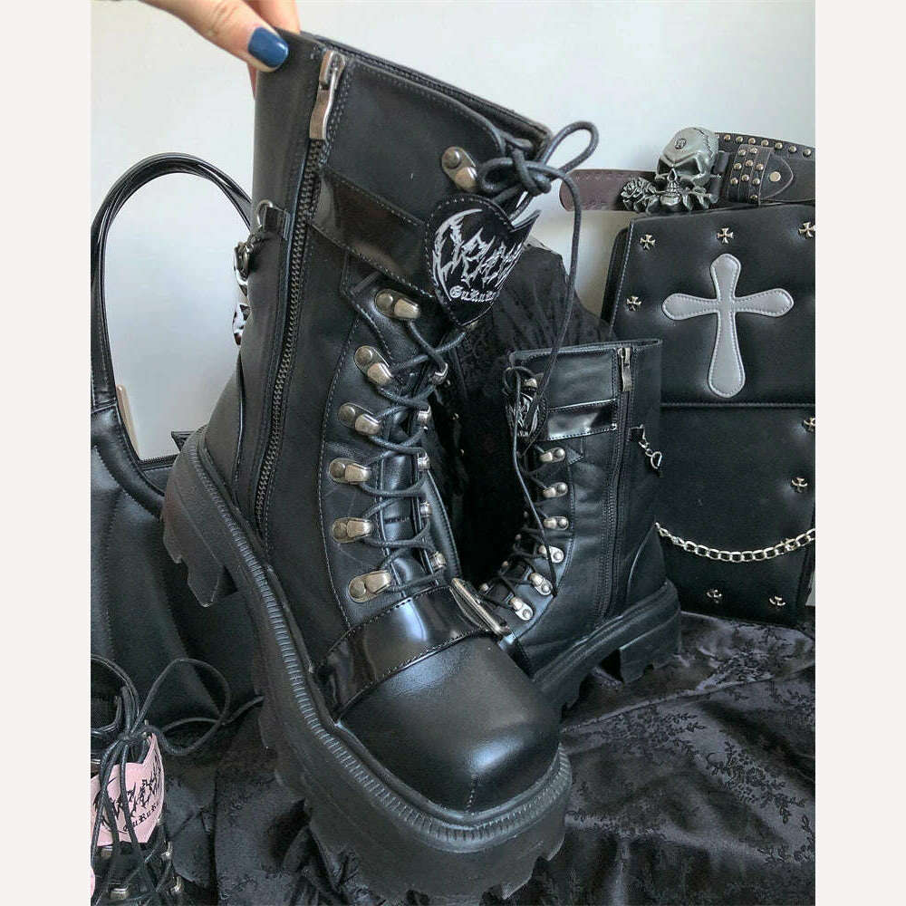 KIMLUD, COYOUNG Japanese Women Punk Rock Halloween Dark Buckle Gothic Thick Bottom Martin Boots Cosplay Lolita PU Leather Shoes, KIMLUD Womens Clothes