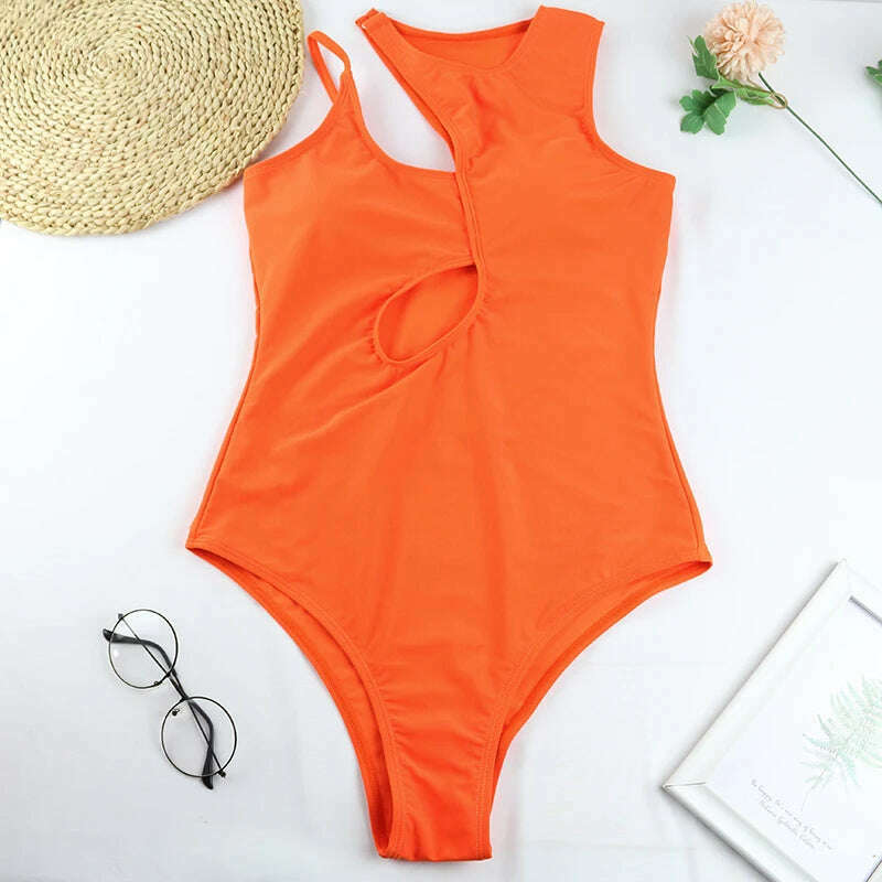 KIMLUD, CPUTAN 2024 Sexy Swimsuit One Piece Swimwear Solid Cut out One Shoulder Monokini BathingSuit Bodysuit Brazilian Summer Beachwear, KIMLUD Womens Clothes