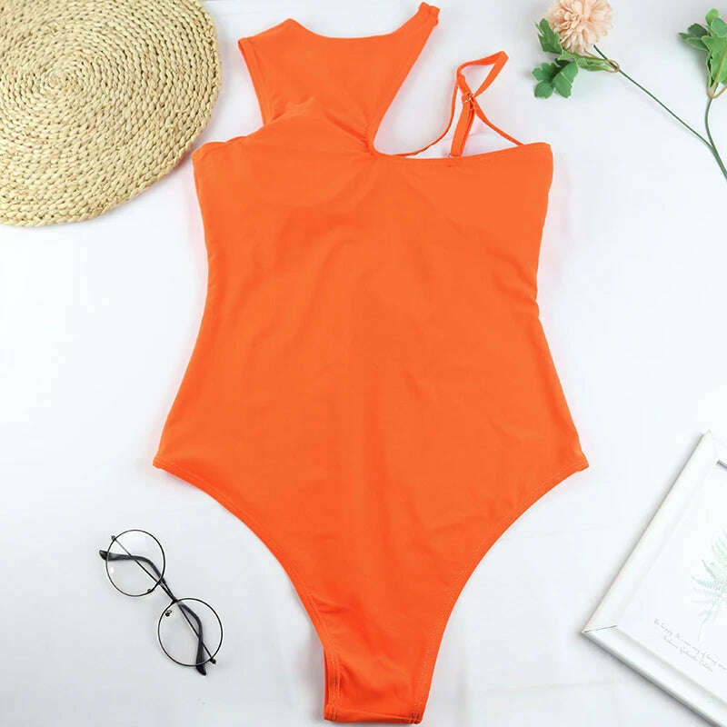 KIMLUD, CPUTAN 2024 Sexy Swimsuit One Piece Swimwear Solid Cut out One Shoulder Monokini BathingSuit Bodysuit Brazilian Summer Beachwear, KIMLUD Womens Clothes