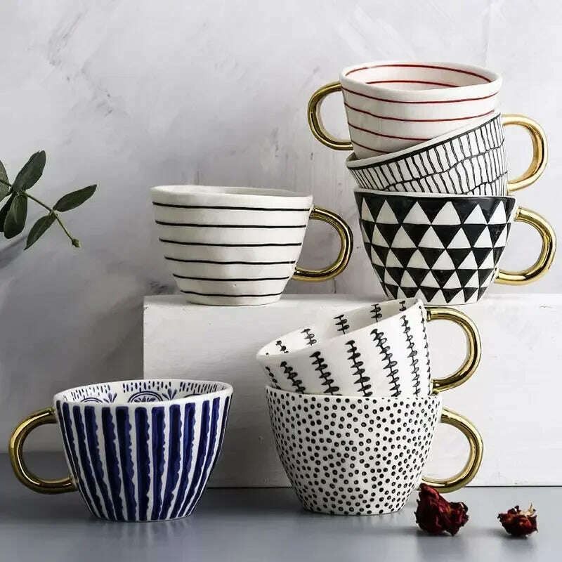 KIMLUD, Creative American Style Ceramic Mugs Coffee Cups Afternoon Tea Golden Stroke Geometry Irregular Coffee Cup Italian Espresso Mug, KIMLUD Womens Clothes