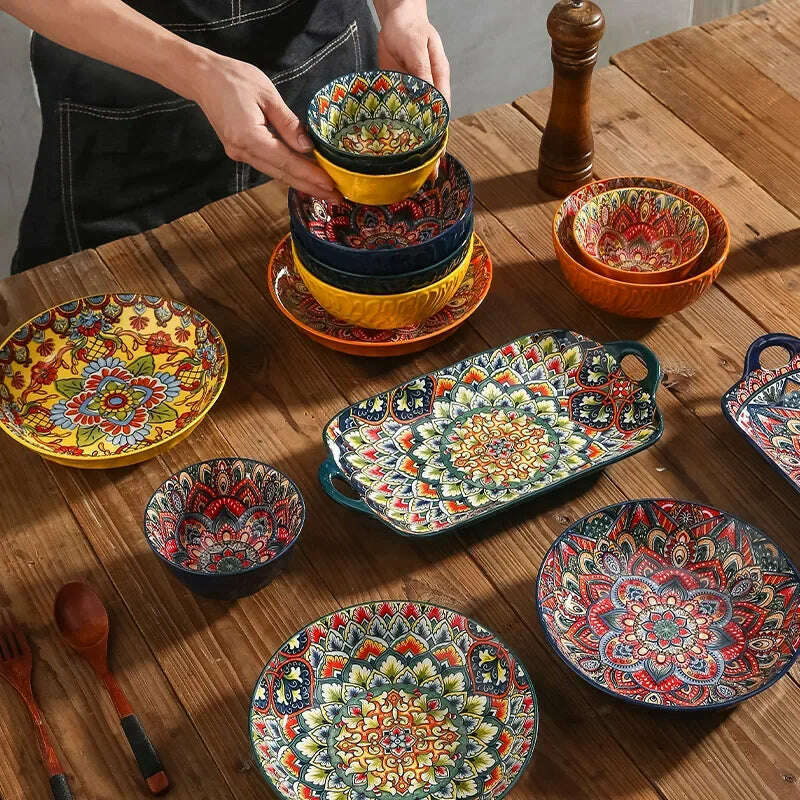Creative Ceramic Tableware Set, Large Plate, Bohemian Style Dish Combination, Dinner Plate Set, Bowl and Plate Set - KIMLUD