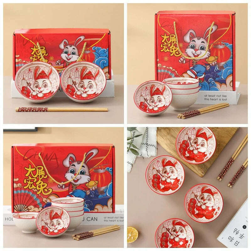 KIMLUD, Creative Chinese Hand-painted Ceramic Bowls Tableware Cartoon Panda Gifts Bowls Chopsticks Set Gift Box Dishes, KIMLUD Womens Clothes