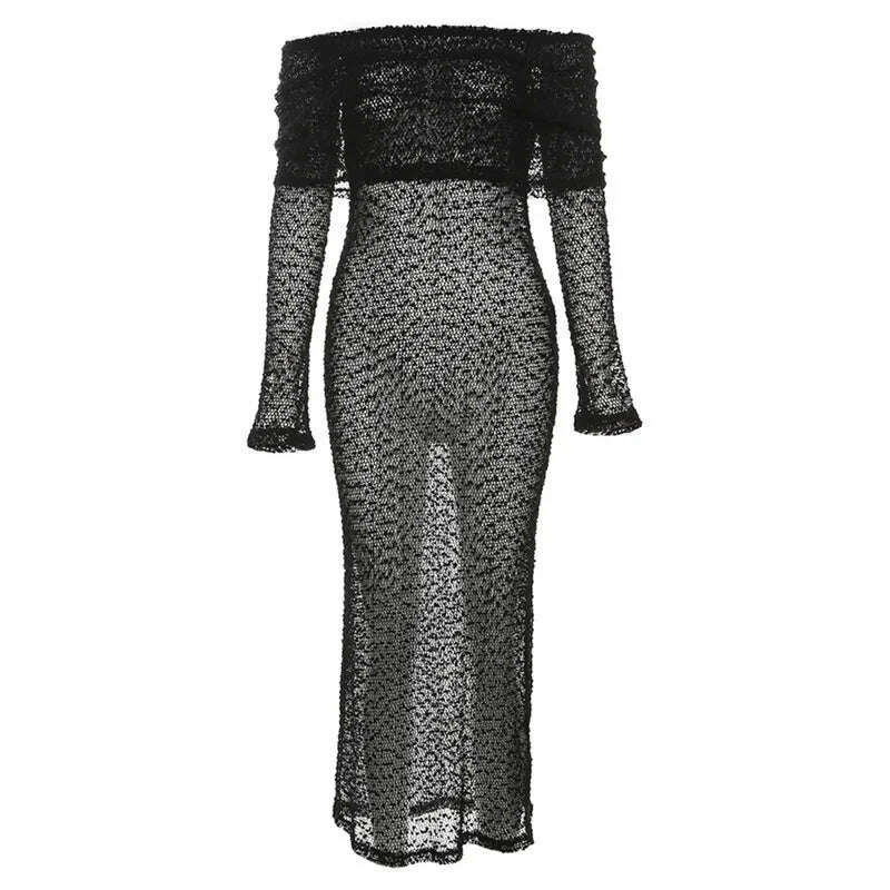 KIMLUD, Crocheted Mesh Sheer Dress Women Bodycon Cocktail Long Evening Clothes Ladies Fall Elegant Luxury Long Sexy Party Knit Dresses, KIMLUD Women's Clothes