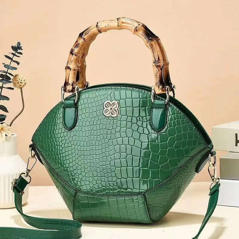 KIMLUD, Crocodile Pattern Creative Shell Shaped Shoulder Bags High Quality Retro Bamboo Joint Handle Handbag Women Office Crossbody Bag, Green, KIMLUD Womens Clothes