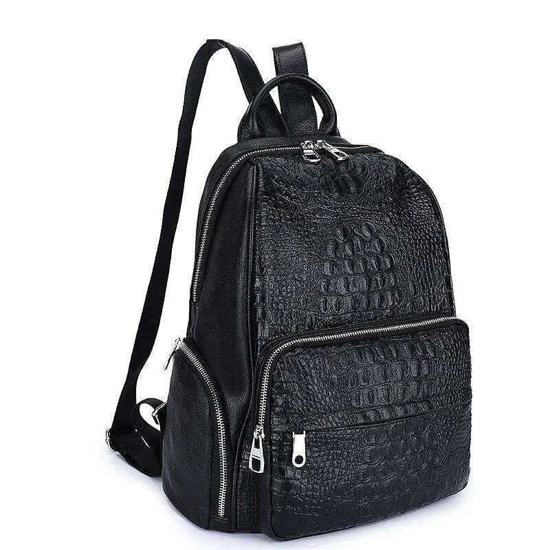KIMLUD, Crocodile Pattern Genuine Leather Backpack Women Black Alligator Cowhide Travel Bags Real Cowhide Ladies Leather Backpack, black backpack, KIMLUD Womens Clothes
