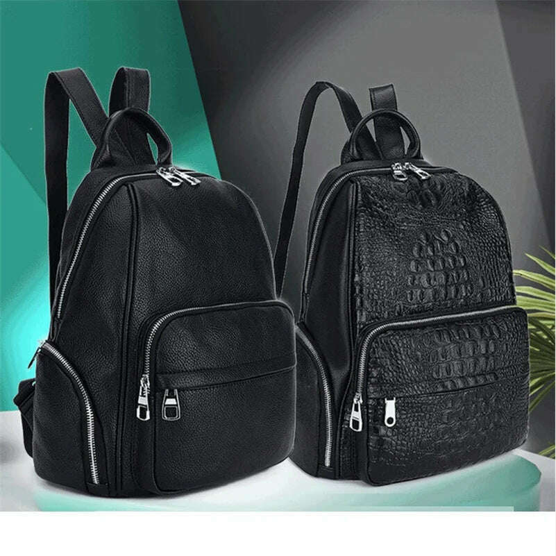 KIMLUD, Crocodile Pattern Genuine Leather Backpack Women Black Alligator Cowhide Travel Bags Real Cowhide Ladies Leather Backpack, KIMLUD Womens Clothes