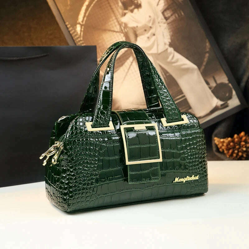 KIMLUD, Crocodile pattern leather Women handbags 2021 female shoulder messenger bag soft leather Portable Boston middle-aged mother bags, Green, KIMLUD Womens Clothes