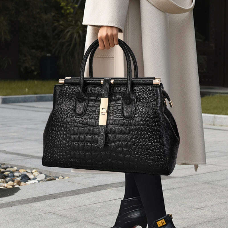 KIMLUD, Crocodile-print leather women's bag hand bag large capacity cowhide one-shoulder cross-body bag, black, KIMLUD Womens Clothes