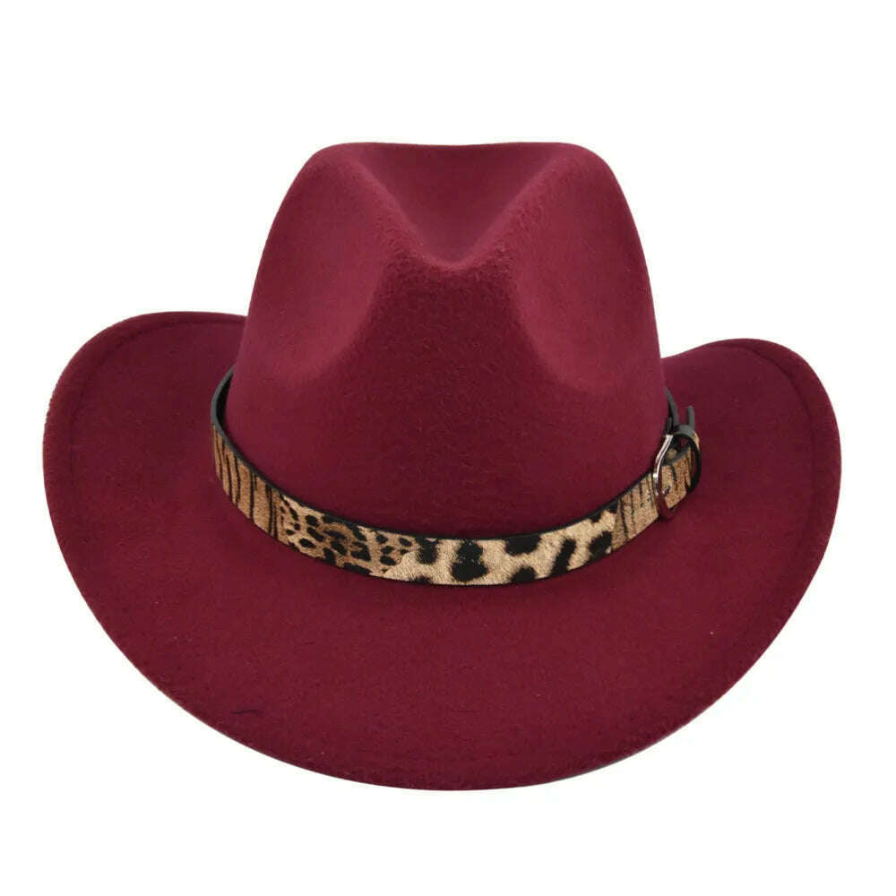 KIMLUD, Cross-Border Fur Felt Sheep Cowboy Leopard Belt Woolen Ethnic A Hood Retro Fedora Hat, BF7132 Wine Red / M5658cm, KIMLUD APPAREL - Womens Clothes