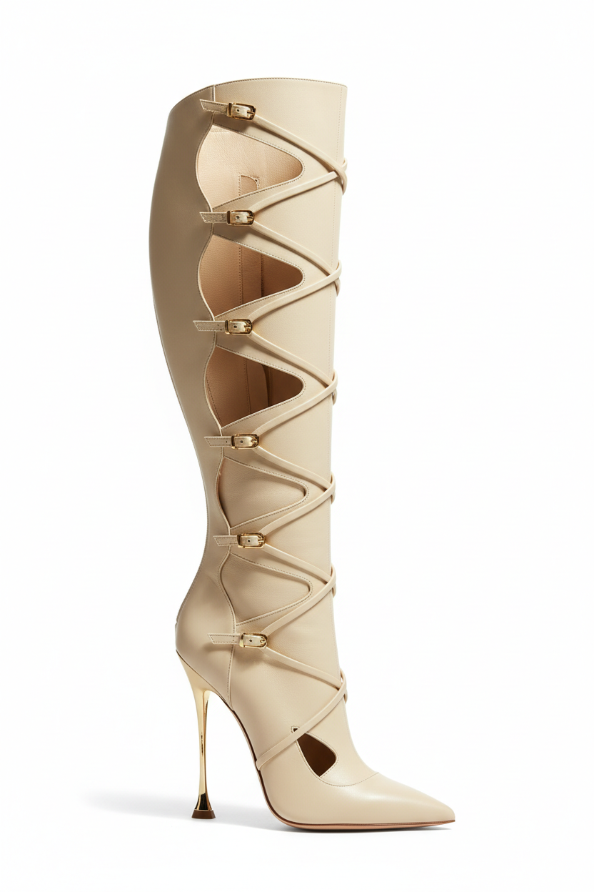 KIMLUD, Cross Tied Sandals Boots Pointy Toe Hollow Buckles Straps Knee High Boots Summer Women Sexy Shoes Lace Up Stiletto Heels Design, KIMLUD Womens Clothes