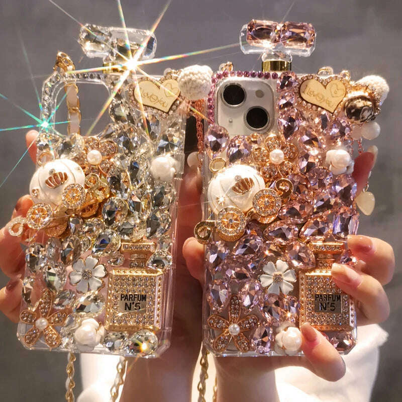 KIMLUD, Crossbody Rhinestone Perfume Bottle Shape Phone Cover For iPhone 15 14 Pro Max 13 12 11 XR XS 8 Plus Crystal Pumpkin Coach Case, KIMLUD Womens Clothes