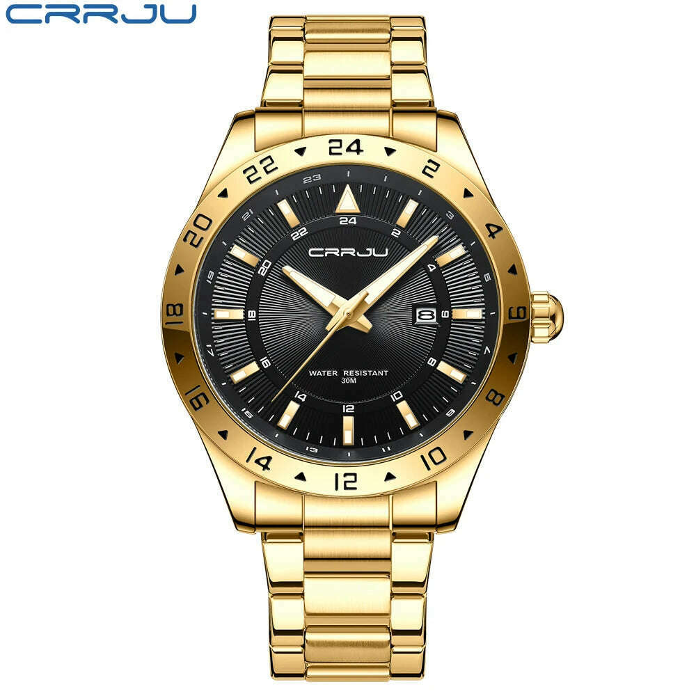 CRRJU Fashion Watch Men Stainless Steel Top Brand Luxury Waterproof Luminous Wristwatch Mens Watches Sports Quartz Date, Gold black, KIMLUD Women's Clothes