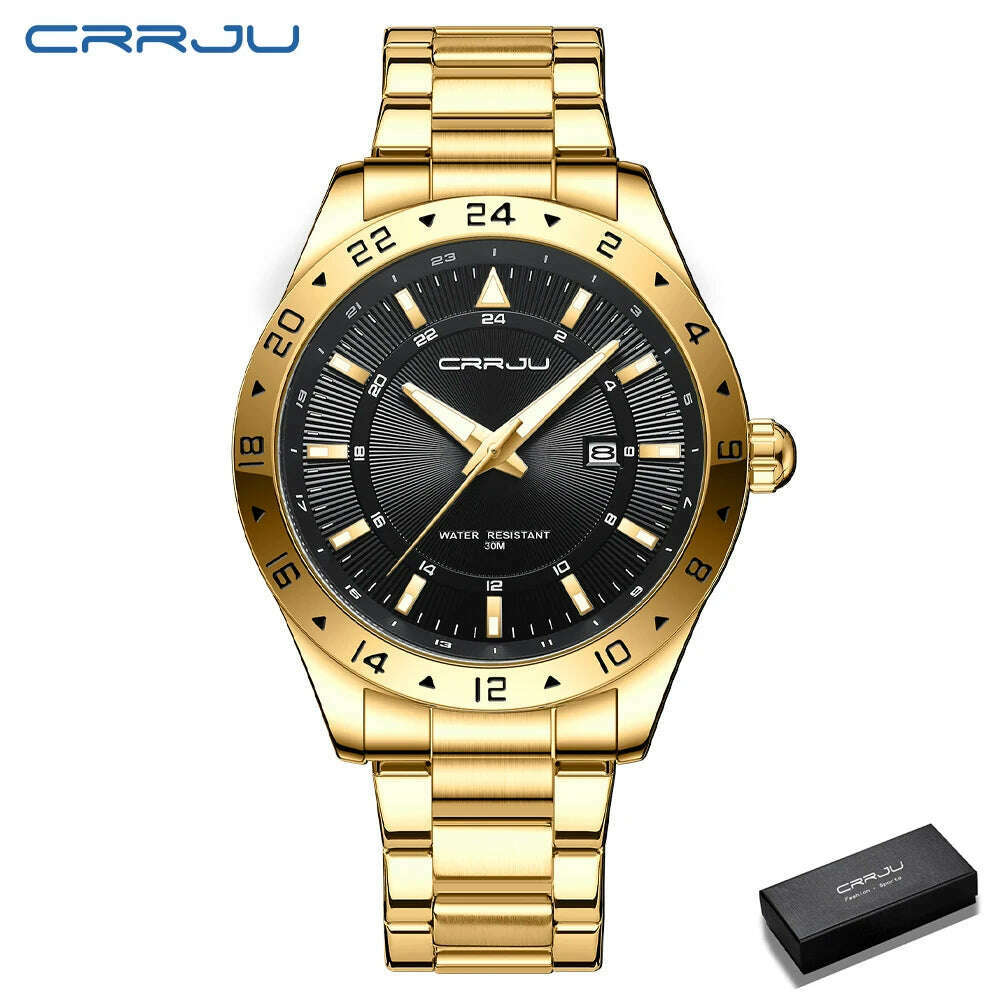 KIMLUD, CRRJU Fashion Watch Men Stainless Steel Top Brand Luxury Waterproof Luminous Wristwatch Mens Watches Sports Quartz Date, Gold black box, KIMLUD Womens Clothes