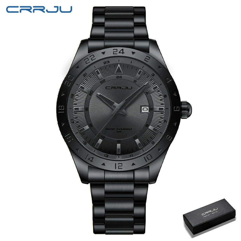 KIMLUD, CRRJU Fashion Watch Men Stainless Steel Top Brand Luxury Waterproof Luminous Wristwatch Mens Watches Sports Quartz Date, Black box, KIMLUD Womens Clothes