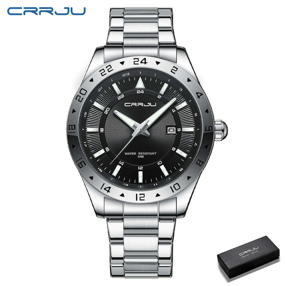 KIMLUD, CRRJU Fashion Watch Men Stainless Steel Top Brand Luxury Waterproof Luminous Wristwatch Mens Watches Sports Quartz Date, Silver box, KIMLUD Womens Clothes