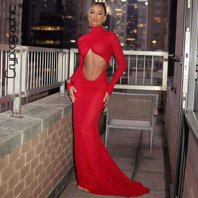 Cryptographic Elegant Red Cut Out Maxi Dress for Women Party Club Outfits Long Sleeve Ruched Sexy Backless Gown Birthday Dresses - KIMLUD