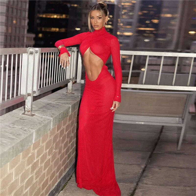 Cryptographic Elegant Red Cut Out Maxi Dress for Women Party Club Outfits Long Sleeve Ruched Sexy Backless Gown Birthday Dresses - KIMLUD