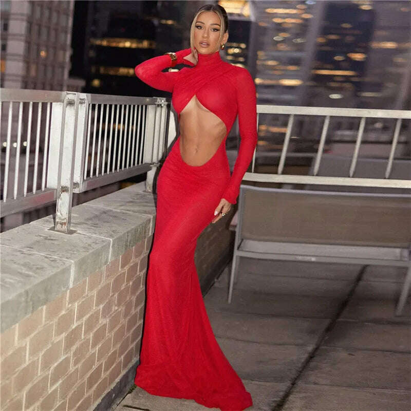 Cryptographic Elegant Red Cut Out Maxi Dress for Women Party Club Outfits Long Sleeve Ruched Sexy Backless Gown Birthday Dresses - KIMLUD