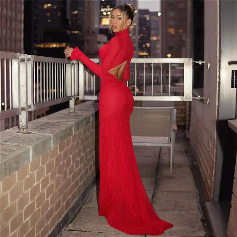 Cryptographic Elegant Red Cut Out Maxi Dress for Women Party Club Outfits Long Sleeve Ruched Sexy Backless Gown Birthday Dresses - KIMLUD