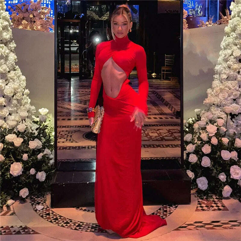 Cryptographic Elegant Red Cut Out Maxi Dress for Women Party Club Outfits Long Sleeve Ruched Sexy Backless Gown Birthday Dresses, KIMLUD Women's Clothes