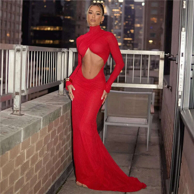 Cryptographic Elegant Red Cut Out Maxi Dress for Women Party Club Outfits Long Sleeve Ruched Sexy Backless Gown Birthday Dresses - KIMLUD