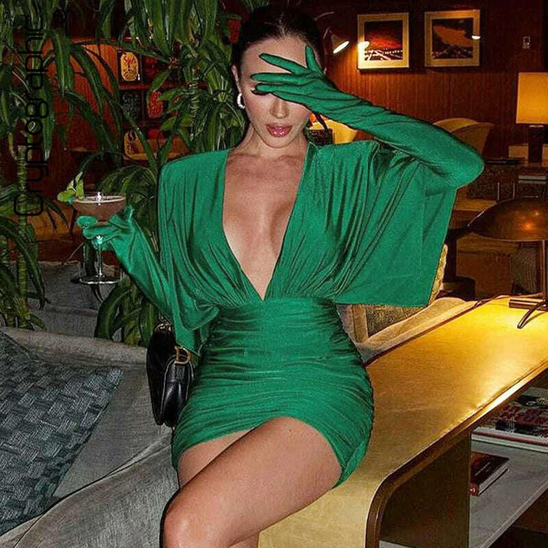 Cryptographic Fashion Sexy V Neck Bodycon Mini Dress for Women Elegant Gown Party Club Outfits Draped Gloves Dresses Clothes - KIMLUD