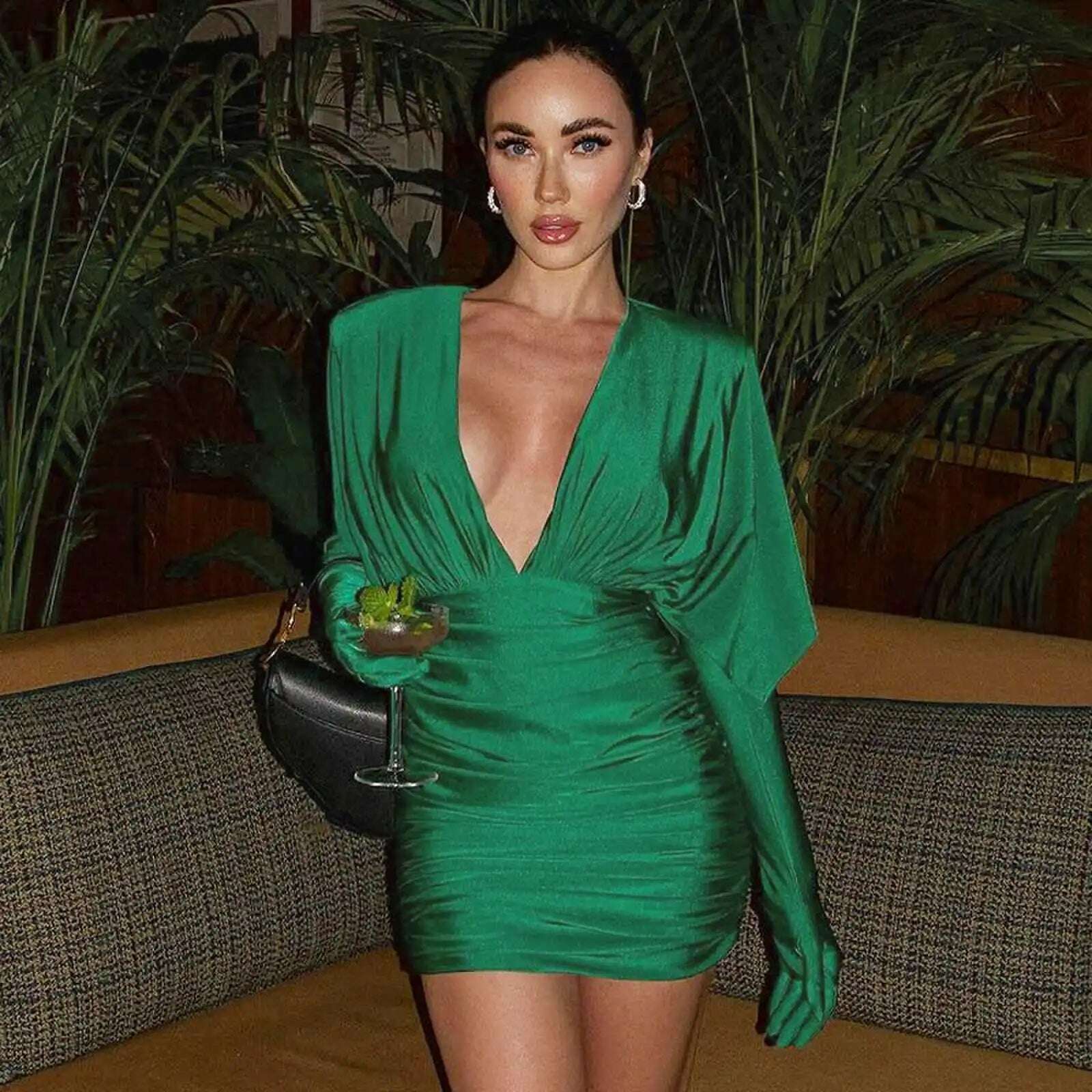 Cryptographic Fashion Sexy V Neck Bodycon Mini Dress for Women Elegant Gown Party Club Outfits Draped Gloves Dresses Clothes - KIMLUD