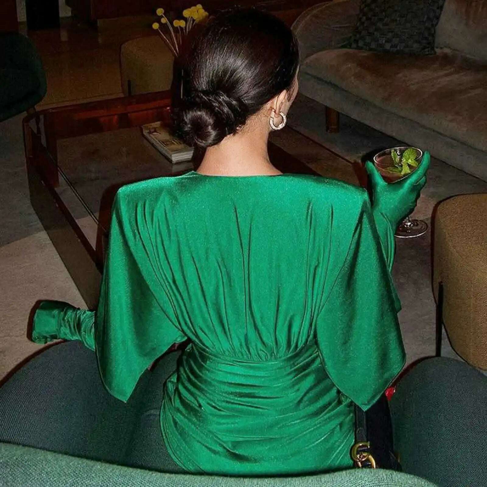 Cryptographic Fashion Sexy V Neck Bodycon Mini Dress for Women Elegant Gown Party Club Outfits Draped Gloves Dresses Clothes - KIMLUD
