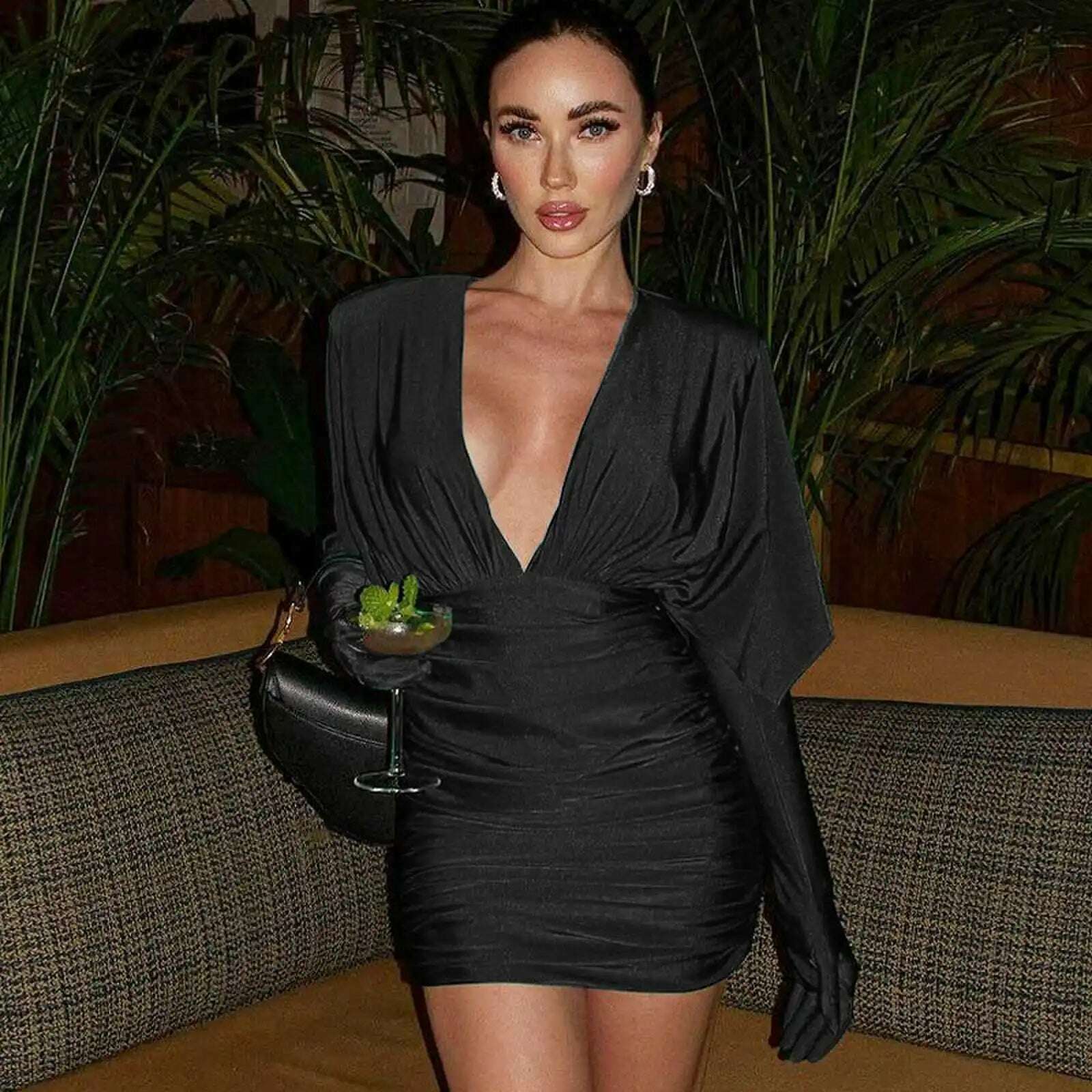 Cryptographic Fashion Sexy V Neck Bodycon Mini Dress for Women Elegant Gown Party Club Outfits Draped Gloves Dresses Clothes - KIMLUD