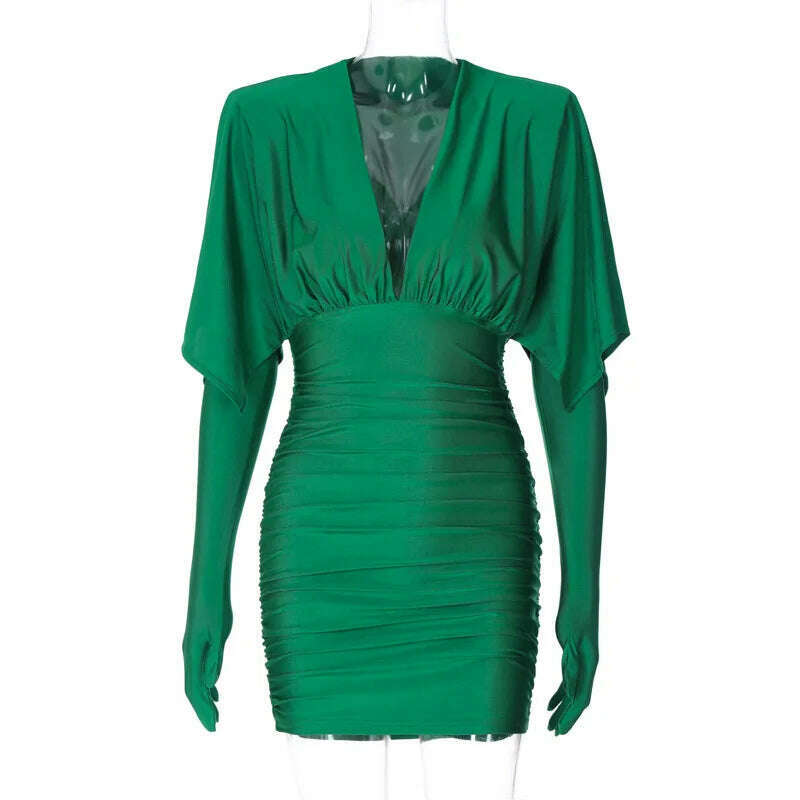 Cryptographic Fashion Sexy V Neck Bodycon Mini Dress for Women Elegant Gown Party Club Outfits Draped Gloves Dresses Clothes - KIMLUD
