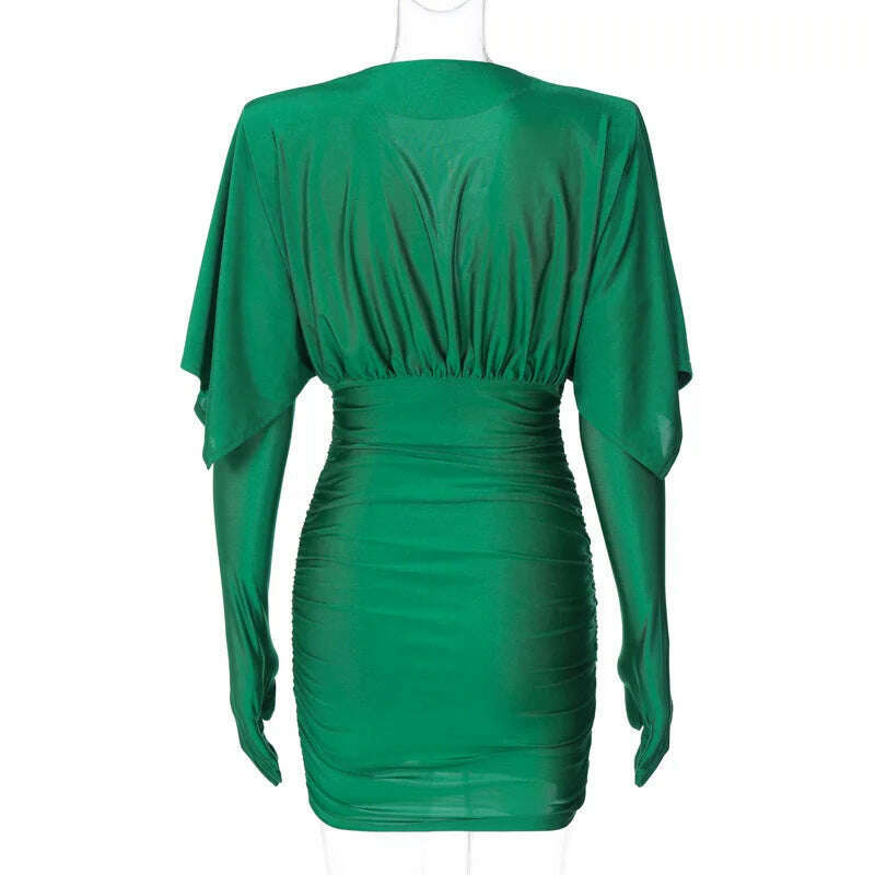 Cryptographic Fashion Sexy V Neck Bodycon Mini Dress for Women Elegant Gown Party Club Outfits Draped Gloves Dresses Clothes - KIMLUD