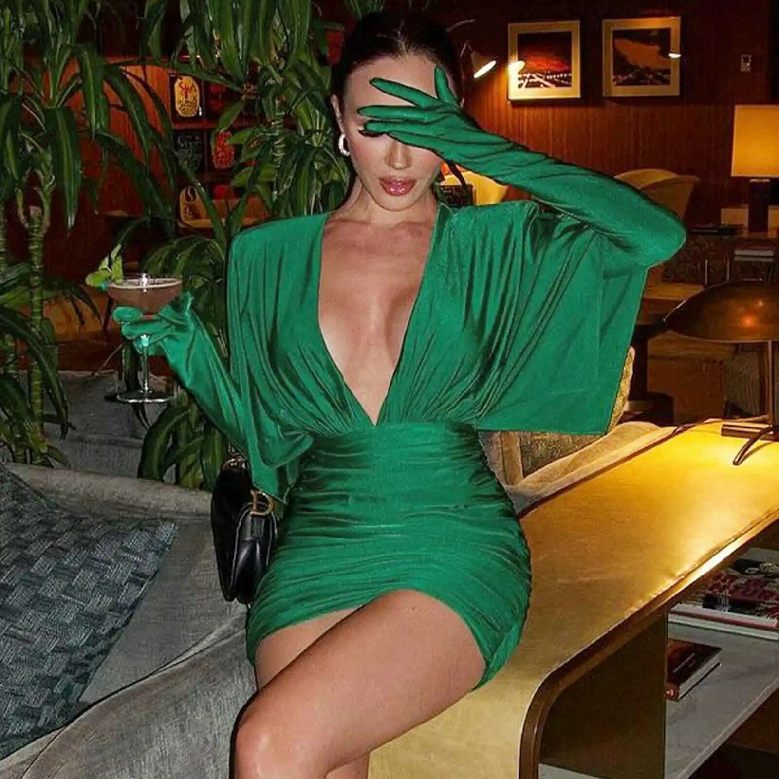 Cryptographic Fashion Sexy V Neck Bodycon Mini Dress for Women Elegant Gown Party Club Outfits Draped Gloves Dresses Clothes - KIMLUD