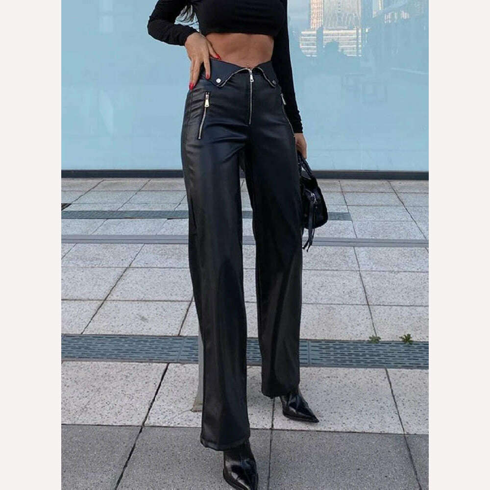 KIMLUD, Cryptographic PU Leather Zip Up High Rise Pants Club Party Casual Chic Straight Leg Pants for Women Trousers Pant Gothic Loose, KIMLUD Womens Clothes