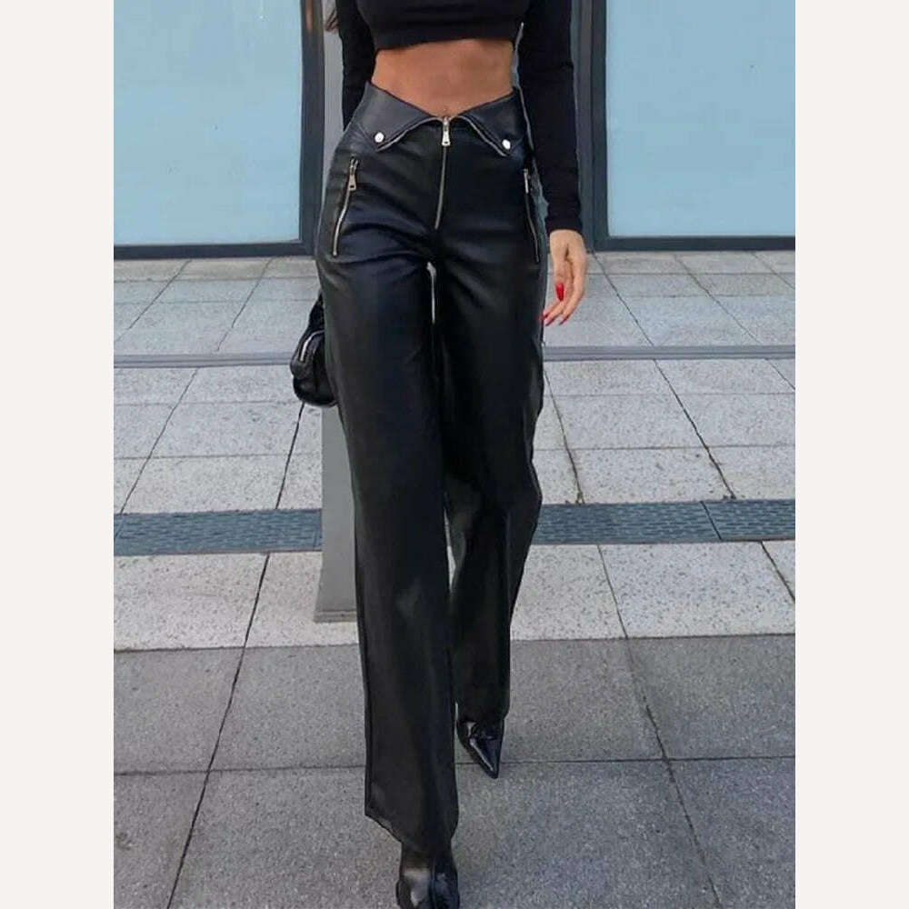 KIMLUD, Cryptographic PU Leather Zip Up High Rise Pants Club Party Casual Chic Straight Leg Pants for Women Trousers Pant Gothic Loose, KIMLUD Womens Clothes