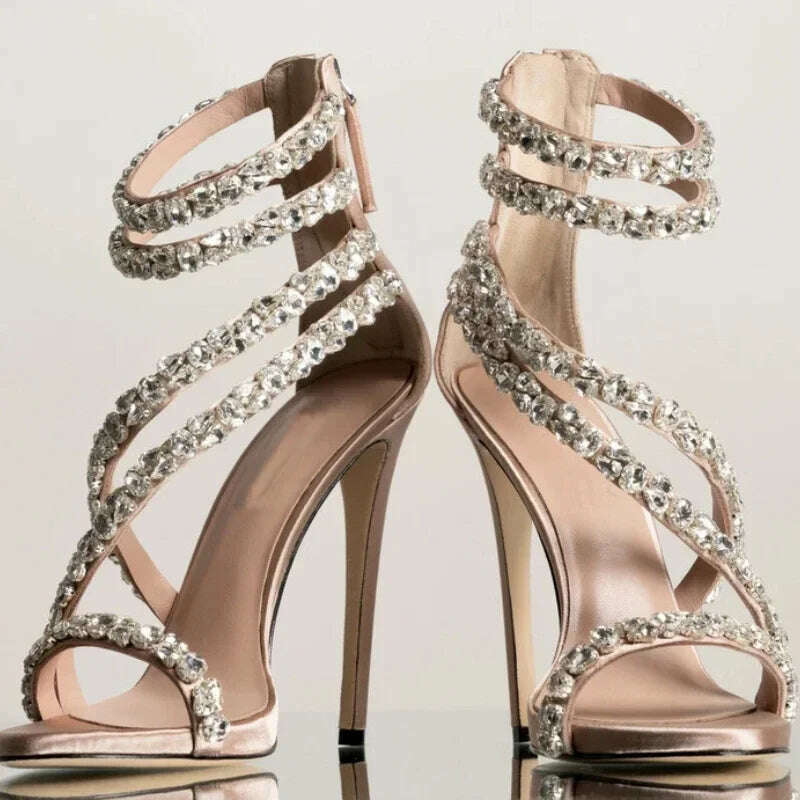 Crystal Chain Oblique Strap High Heel Sandals Beaded Party Wedding Large Rhinestone Spliced Thin High Heel Shoes Big Size 35-43 - KIMLUD