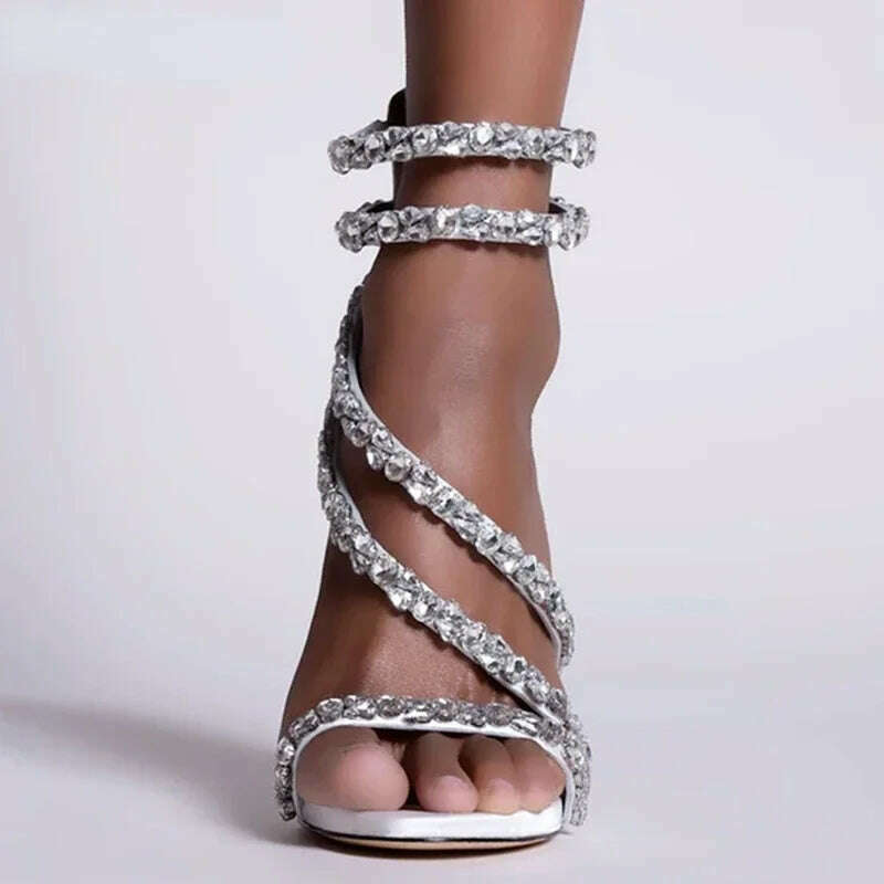 Crystal Chain Oblique Strap High Heel Sandals Beaded Party Wedding Large Rhinestone Spliced Thin High Heel Shoes Big Size 35-43 - KIMLUD