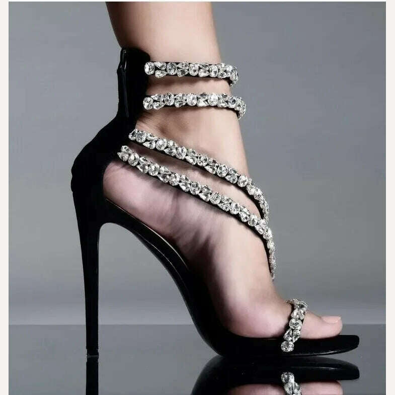KIMLUD, Crystal Chain Oblique Strap High Heel Sandals Beaded Party Wedding Large Rhinestone Spliced Thin High Heel Shoes Big Size 35-43, KIMLUD Women's Clothes